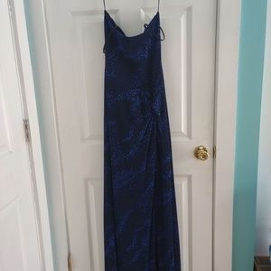 Long Spaghetti Strap, Midnight Blue Sparkly Evening Dress with Slit, Size 6